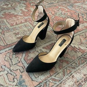 Black block heels with strap, size 9